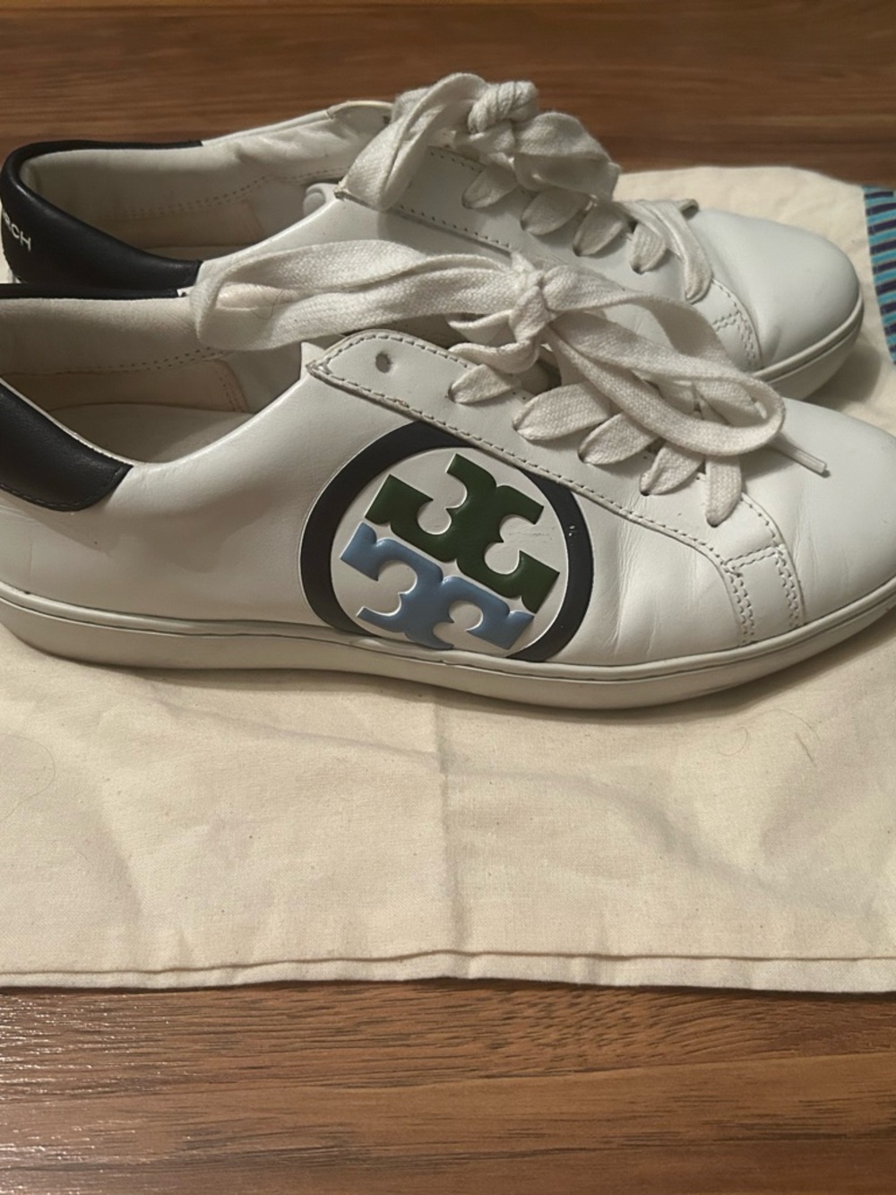 Tory Burch White Leather Sneakers with Green & Light Blue Logo